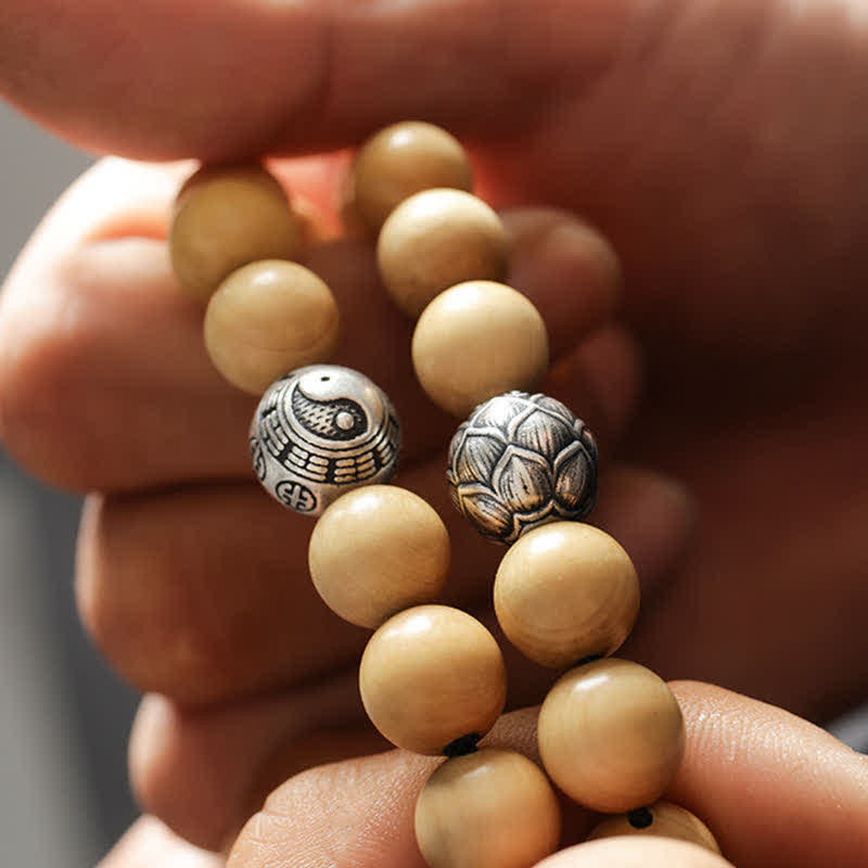 Wear FengShui Tibet Peach Wood Lotus Cinnabar Bagua Yin Yang Luck Wealth Bracelet