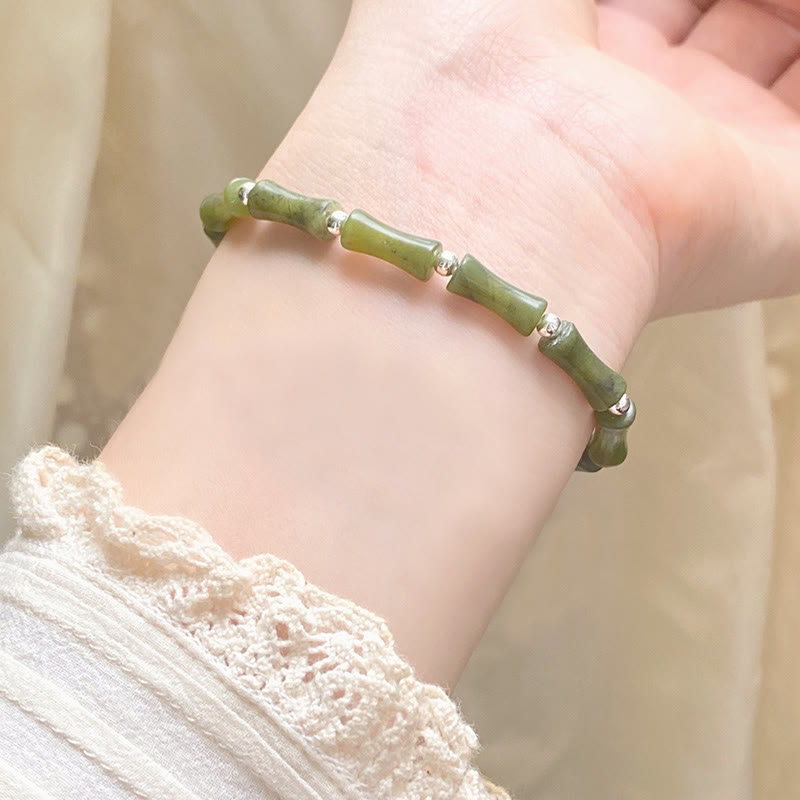 Wear FengShui 925 Sterling Silver Bamboo Jade Lucky Cat Fu Character Luck Abundance Bracelet