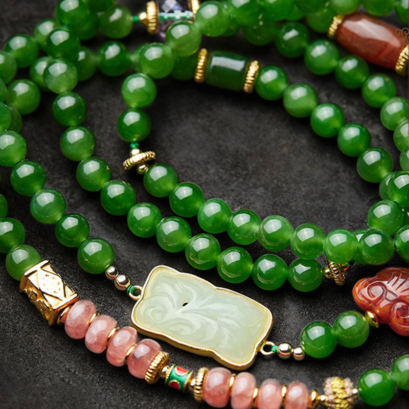 Wear FengShui 108 Mala Beads Cyan Jade Red Agate Laughing Buddha Luck Bracelet