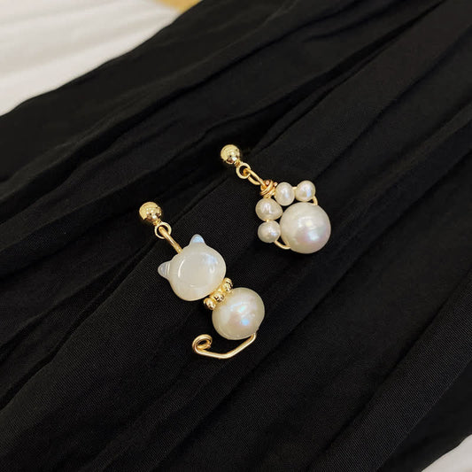 Wear FengShui Cute Cat Paw Pearl Wisdom Stud Drop Earrings