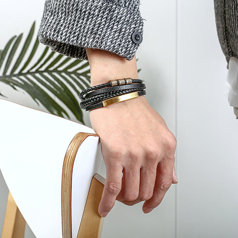 Wear FengShui Leather Multi-Layer Titanium Steel Balance Braided Magnetic Buckle Bracelet