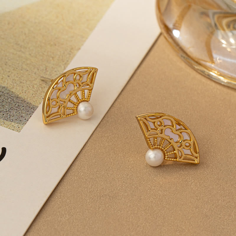 Wear FengShui 925 Sterling Silver Posts Fan Pattern Pearl Copper Wisdom Stud Drop Earrings