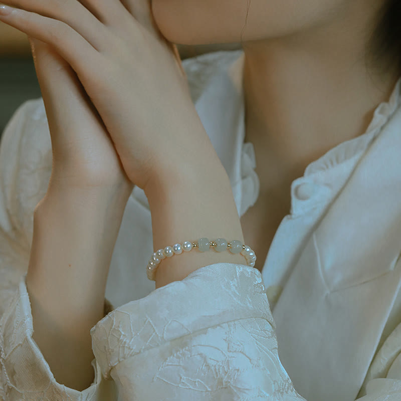 Wear FengShui 14K Gold Plated Natural Pearl Hetian Cyan Jade White Jade Sincerity Bead Chain Bracelet