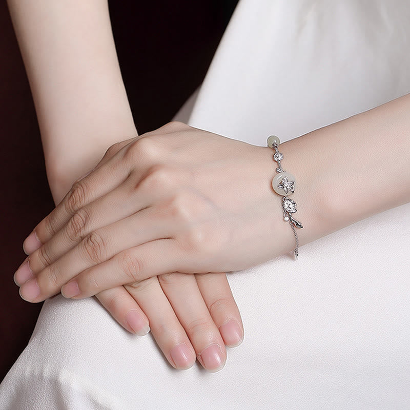 Wear FengShui 925 Sterling Silver Hetian Jade Peace Buckle Lotus Luck Chain Bracelet