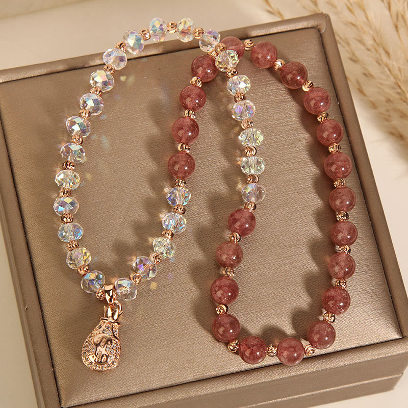Wear FengShui Strawberry Quartz White Crystal Money Bag Charm Positive Bracelet