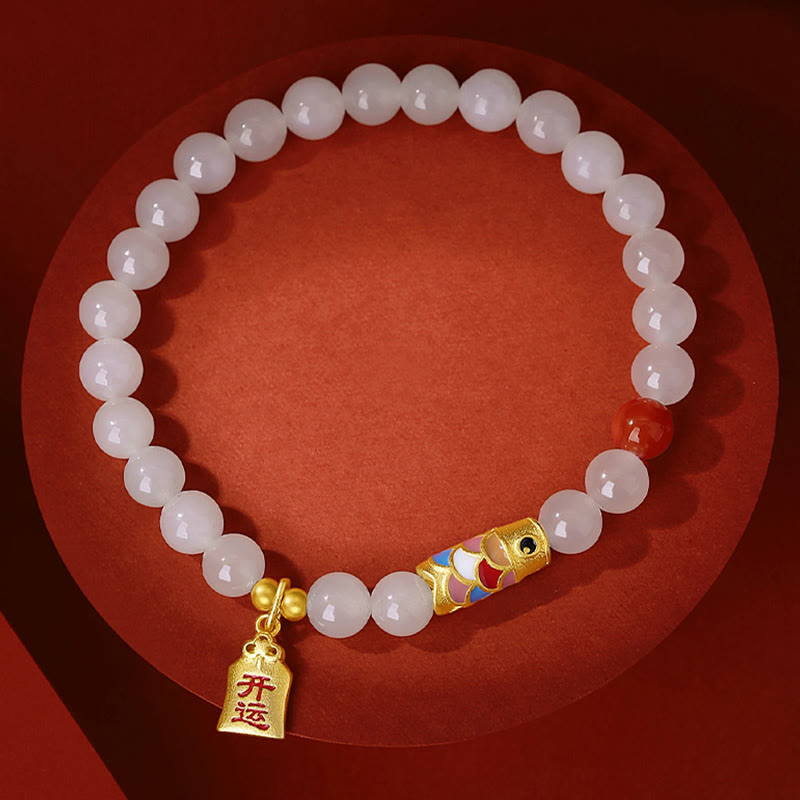 Wear FengShui 925 Sterling Silver Hetian White Jade Red Agate Koi Fish Luck Happiness Bracelet