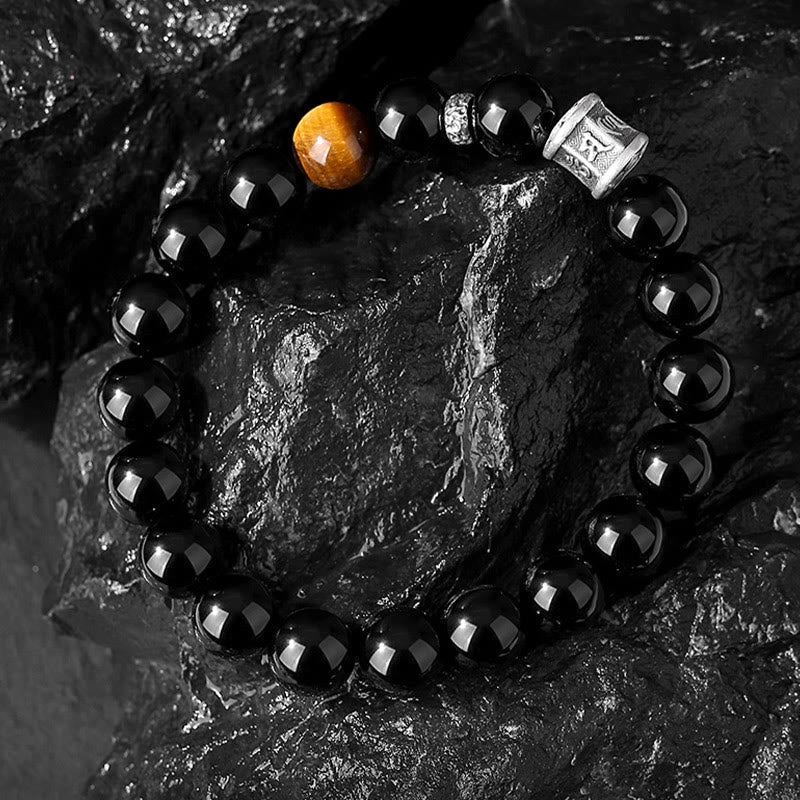 Wear FengShui 999 Sterling Silver Black Obsidian Tiger Eye Om Mani Padme Hum Fulfillment Bracelet