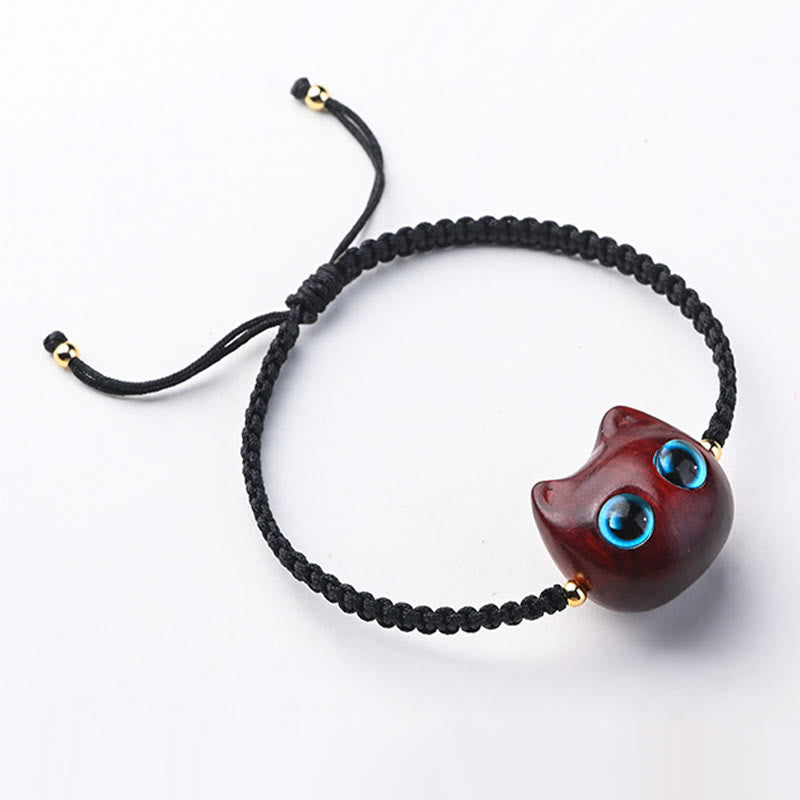 Wear FengShui Small Leaf Red Sandalwood Ebony Wood Cute Cat Head Calm Protection Braided Bracelet