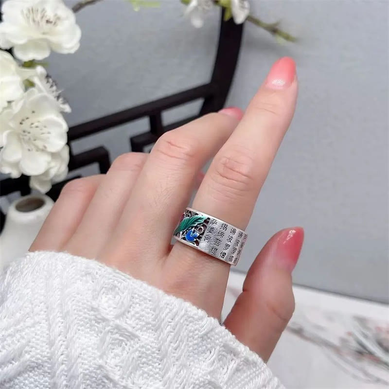 Wear FengShui Copper Blue Enamel Lotus Heart Sutra Koi Fish Luck Ring