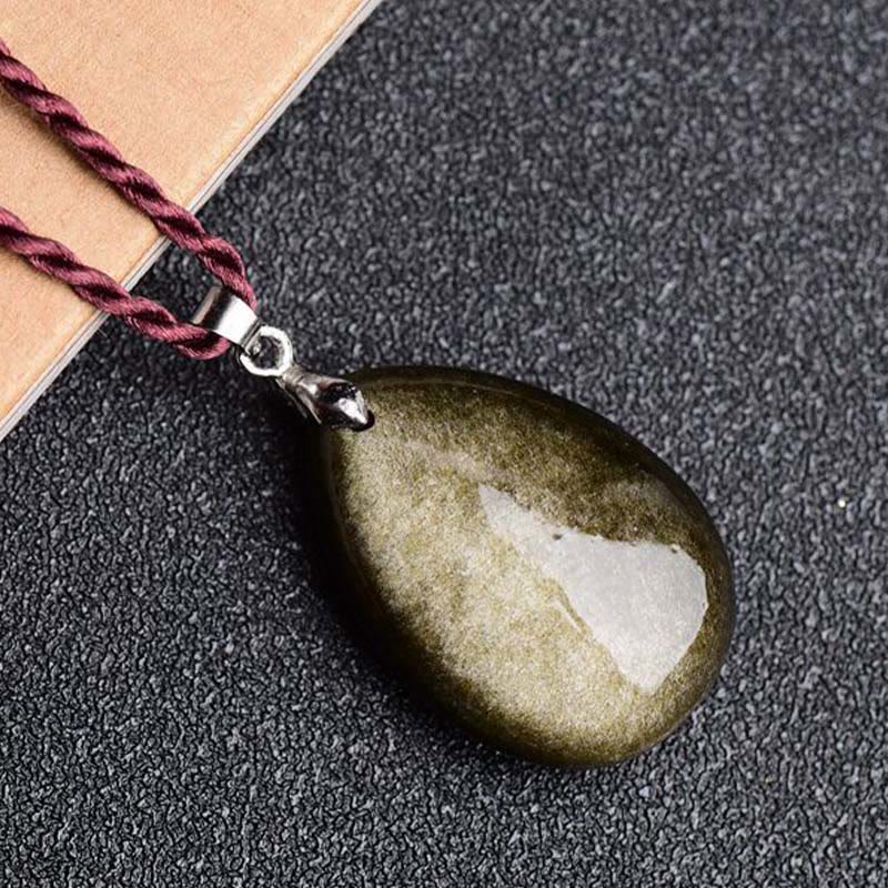 Wear FengShui Gold Sheen Obsidian Black Obsidian Rainbow Obsidian Wealth Water Drop Necklace Pendant