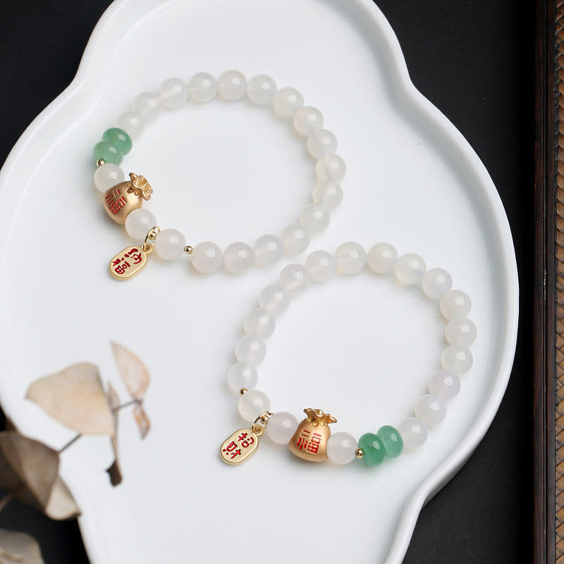 Wear FengShui Natural White Agate Red Agate Money Bag Fu Character Four Leaf Clover Protection Bracelet