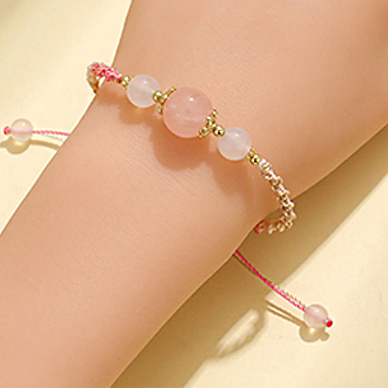 Wear FengShui Strawberry Quartz Pink Crystal Prehnite White Agate Bead Healing Rope Bracelet