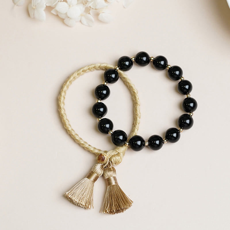 Wear FengShui 2Pcs Black Onyx Bead Support Protection String Bracelet
