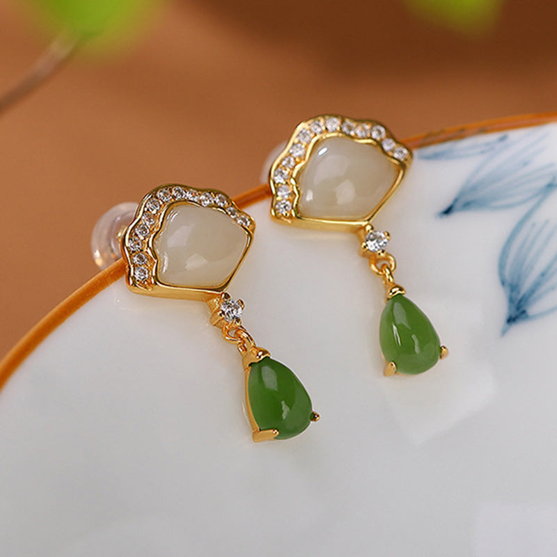 Wear FengShui White Jade Cyan Jade Fan Water Drop Pattern Luck Drop Earrings