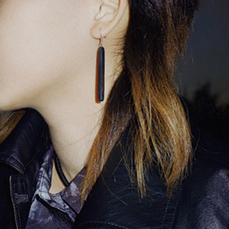 Wear FengShui 925 Sterling Silver Ebony Wood Texture Balance Peace Drop Dangle Earrings