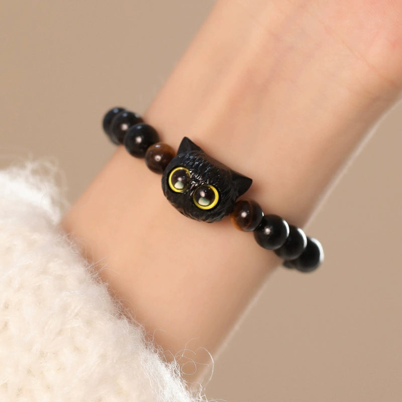 Wear FengShui Cute Ebony Wood Cat Head Pattern Peace Bracelet