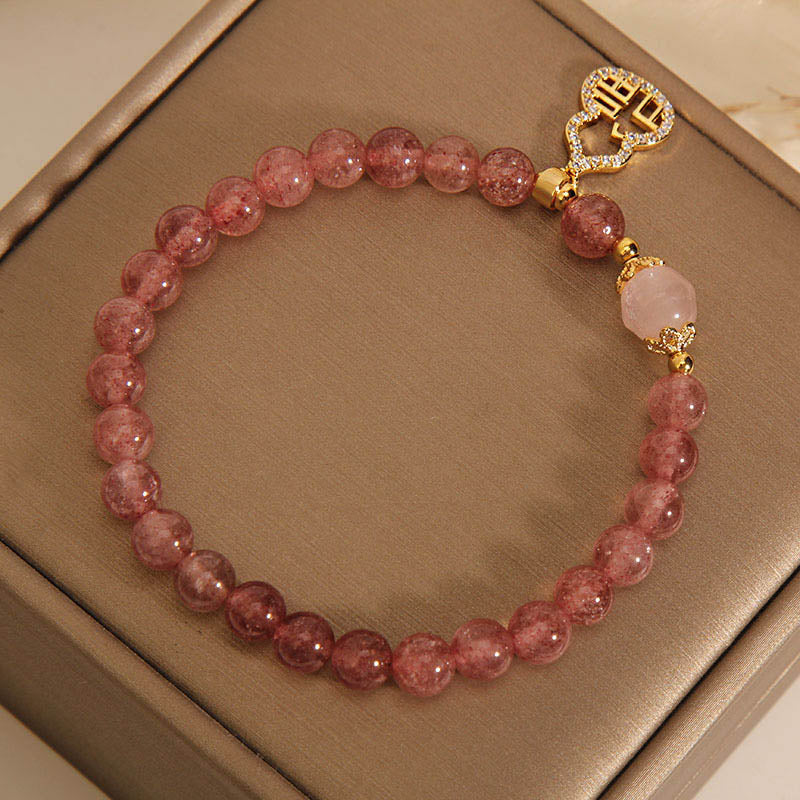 Wear FengShui Strawberry Quartz Gourd Fu Character Charm Positive Bracelet