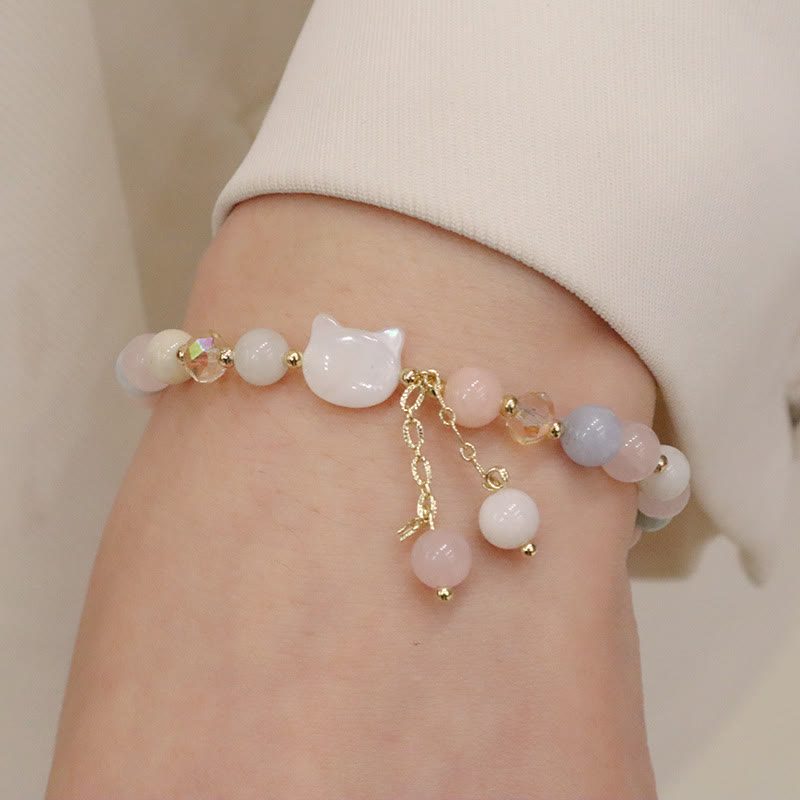 Wear FengShui Natural Strawberry Quartz Morganite Tridacna Stone Cat Love Bracelet
