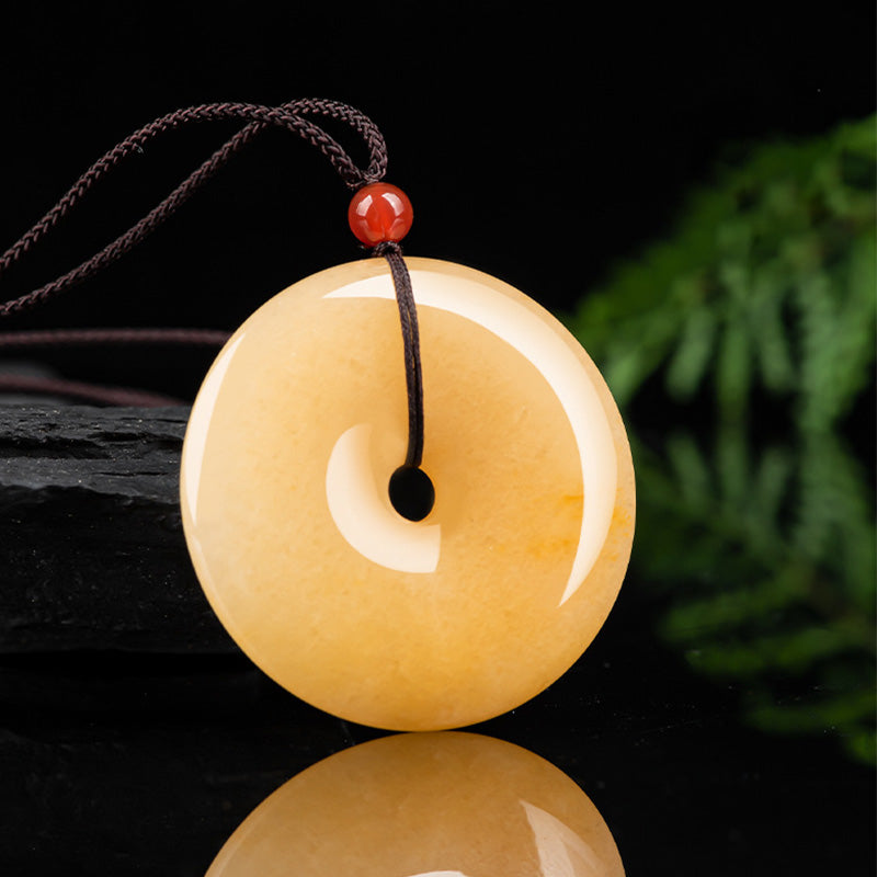 Wear FengShui Round Golden Silk Jade Peace Buckle Wealth Pendant Necklace