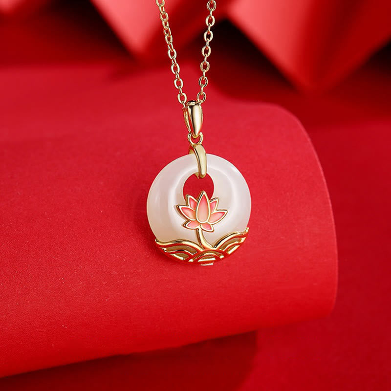 Wear FengShui 925 Sterling Silver Hetian White Jade Lotus Flower Blessing Necklace Pendant