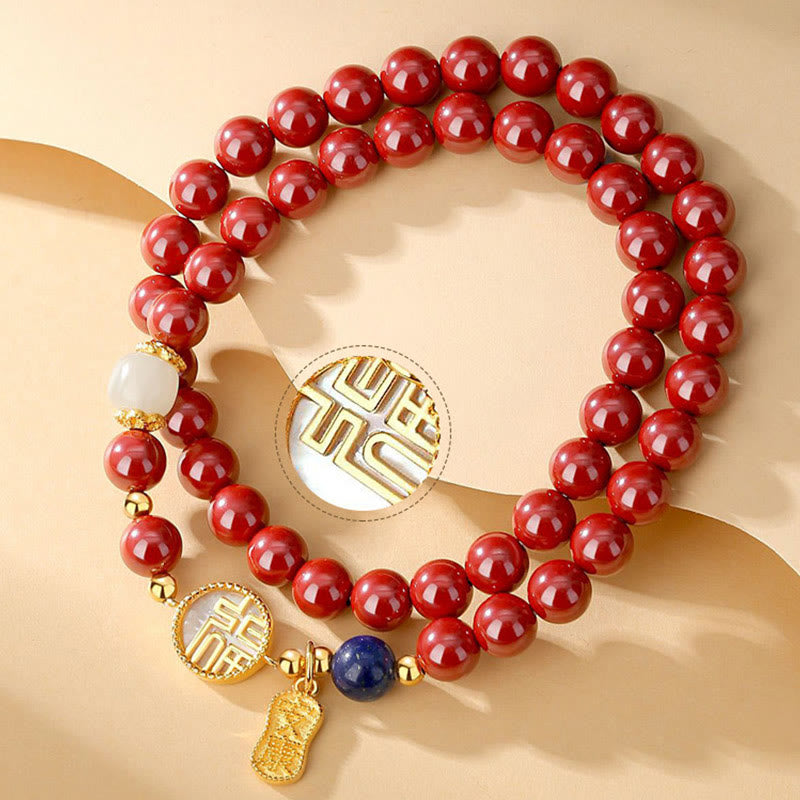 Wear FengShui 925 Sterling Silver Cinnabar Tridacna Stone Fu Character Double Wrap Blessing Bracelet