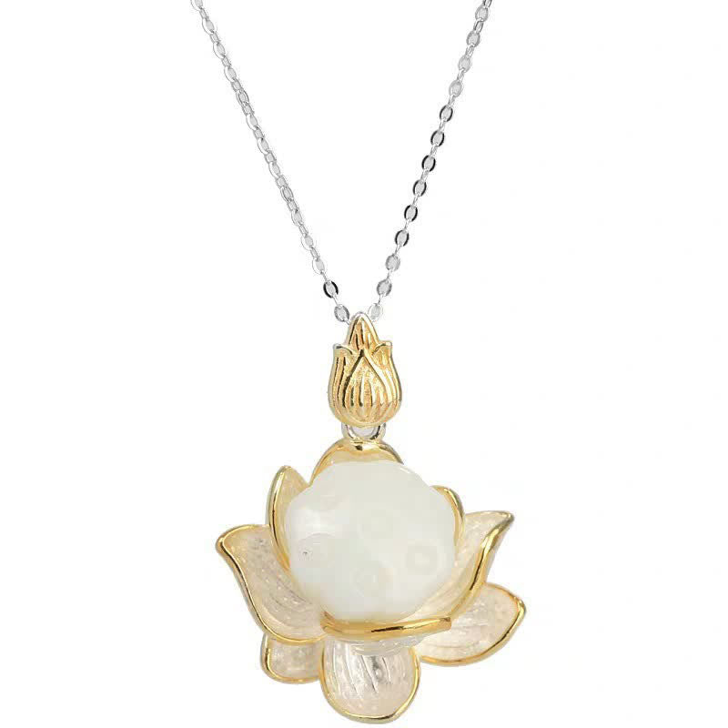 Wear FengShui White Jade Lotus Flower Happiness Necklace