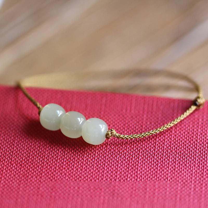 Wear FengShui Three Beads Jade Luck String Weave Bracelet