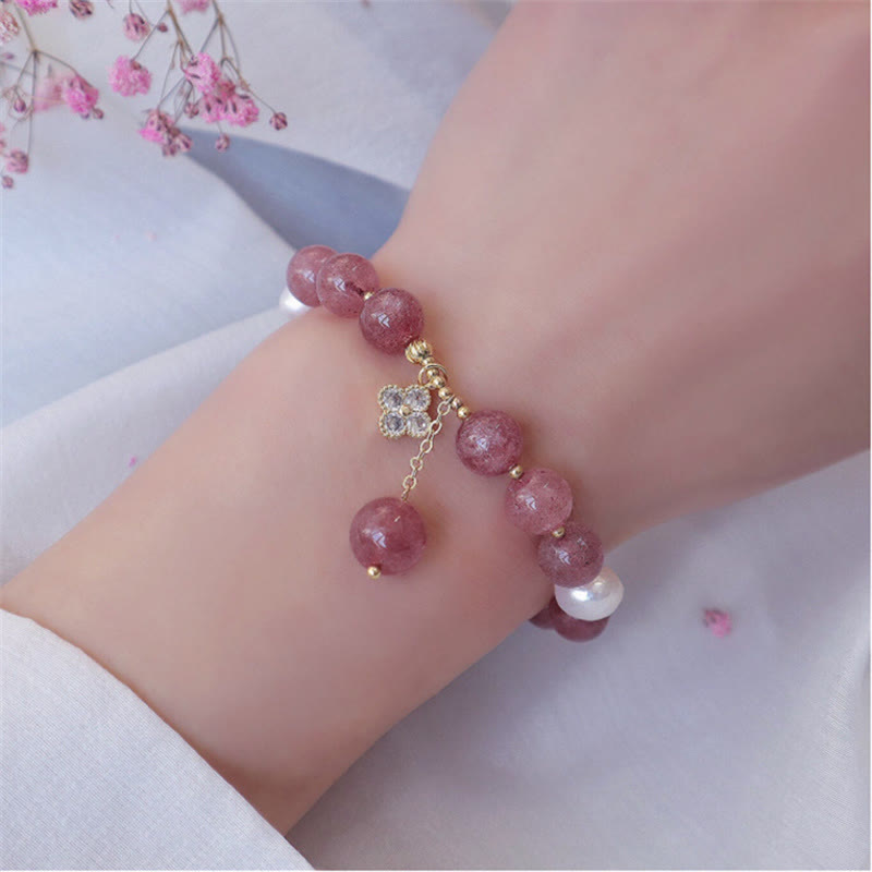 Wear FengShui Natural Strawberry Quartz Pearl Four Leaf Clover Love Bracelet