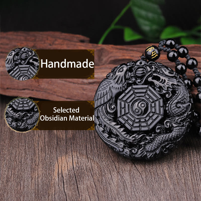Wear FengShui Bagua Dragon Phoenix Obsidian Fulfilment Pendant Necklace