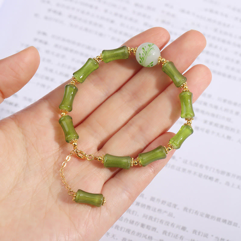 Wear FengShui Green Bamboo Pattern Liuli Crystal Moss Agate Wealth Chain Bracelet