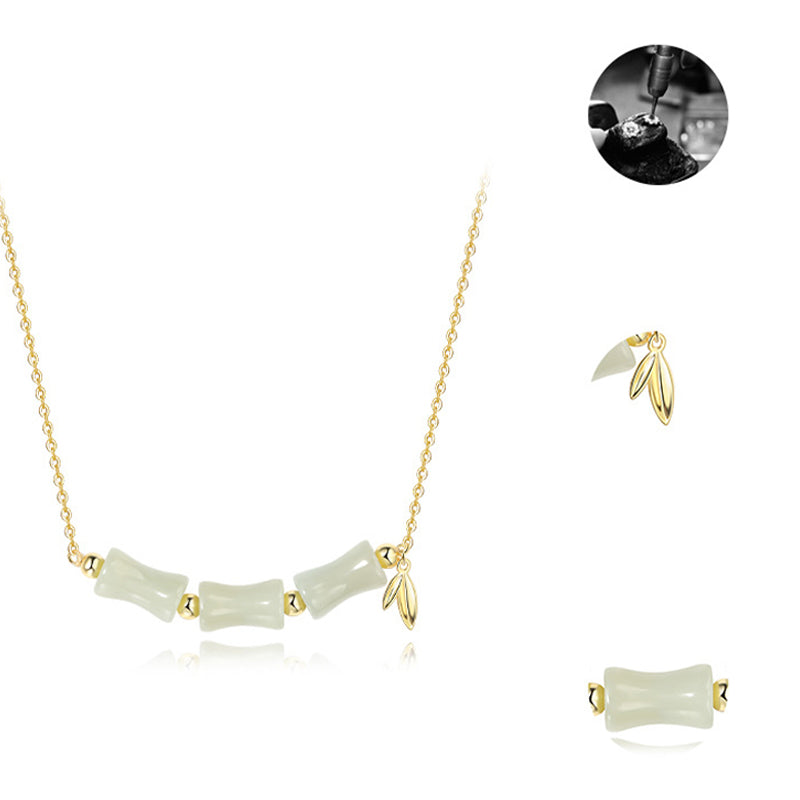 Wear FengShui 925 Sterling Silver Hetian Jade Bamboo Fu Character Prosperity Necklace Pendant Bracelet