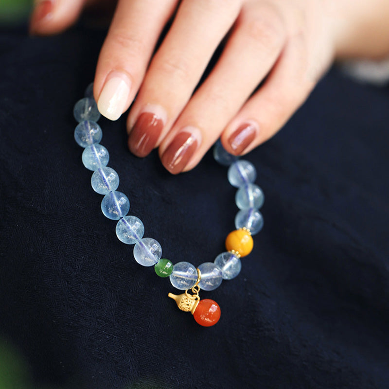 Wear FengShui Aquamarine Red Agate Peace Gourd Charm Bracelet