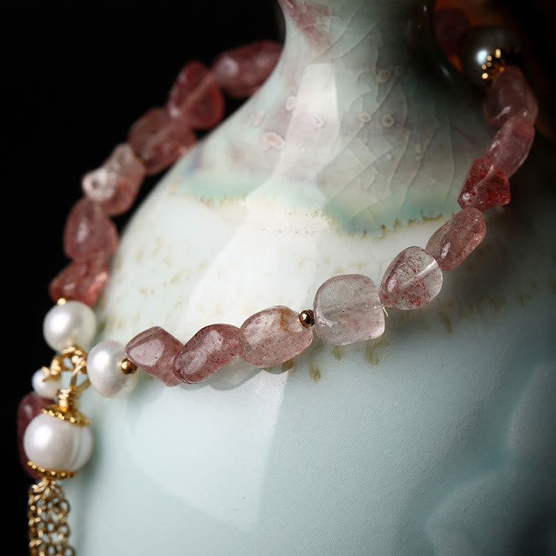 Wear FengShui Natural Strawberry Quartz Pearl 14k Gold Plated Love Healing Bracelet