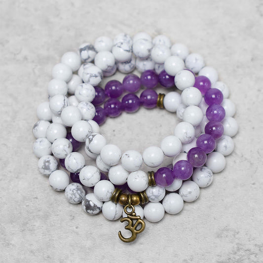 Wear FengShui 108 Mala Beads Amethyst White Turquoise OM Healing Meditation Energy Bracelet