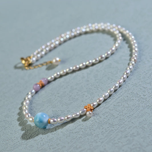 Wear FengShui 925 Sterling Silver Natural Pearl Larimar Sincerity Necklace Pendant