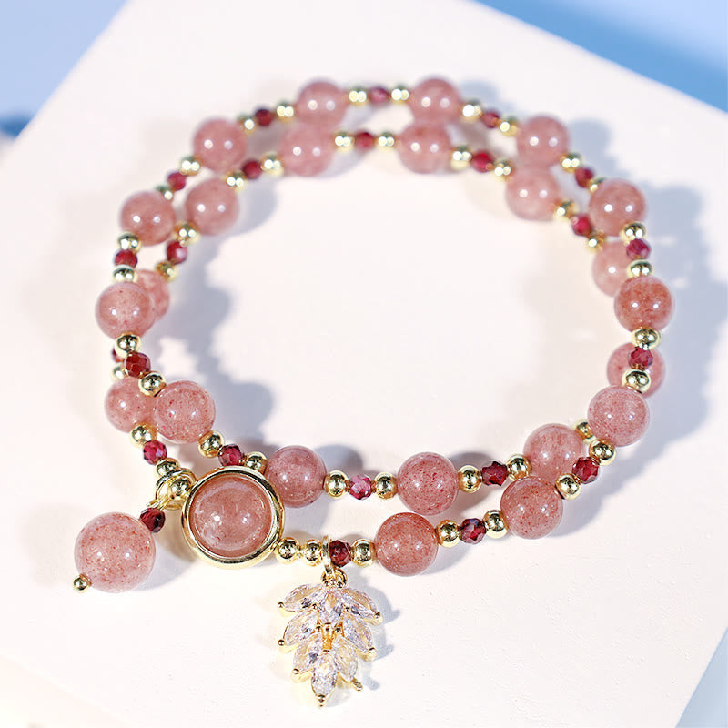 Wear FengShui Natural Strawberry Quartz Love Healing Maple Leaf Charm Double Wrap Bracelet