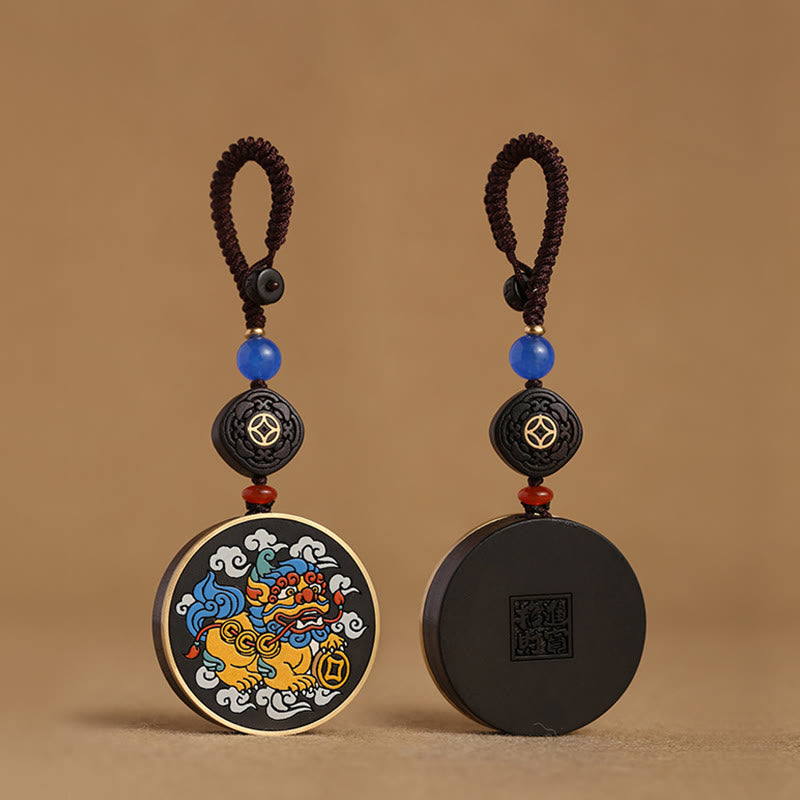 Wear FengShui PiXiu Copper Coin Ebony Wood Luck Attract Wealth Key Chain Decoration