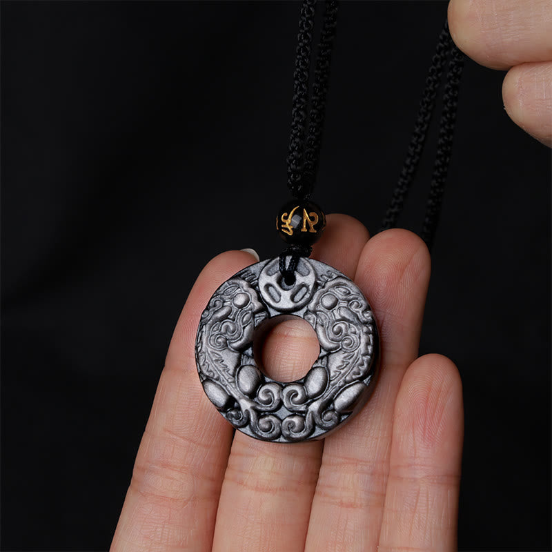 Wear FengShui Natural Silver Sheen Obsidian Double PiXiu Copper Coin Peace Buckle Protection Necklace Pendant