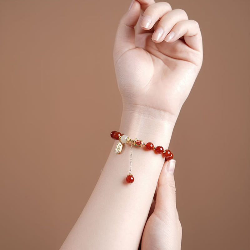 Wear FengShui Natural Red Agate Hetian Jade Fu Character Confidence Charm Bracelet