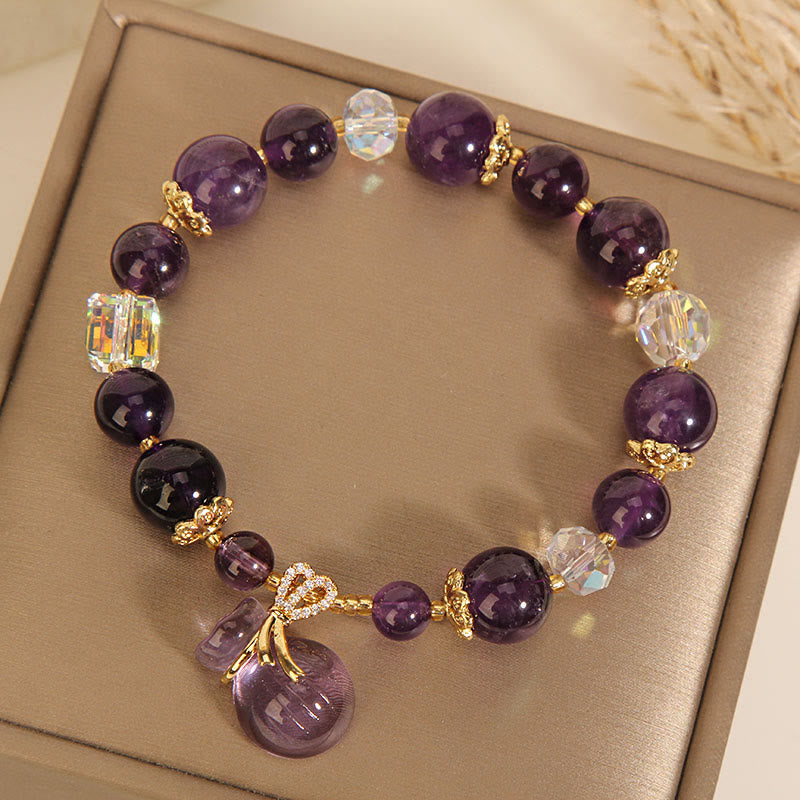 Wear FengShui Natural Amethyst Crystal Money Bag Charm Positive Bracelet