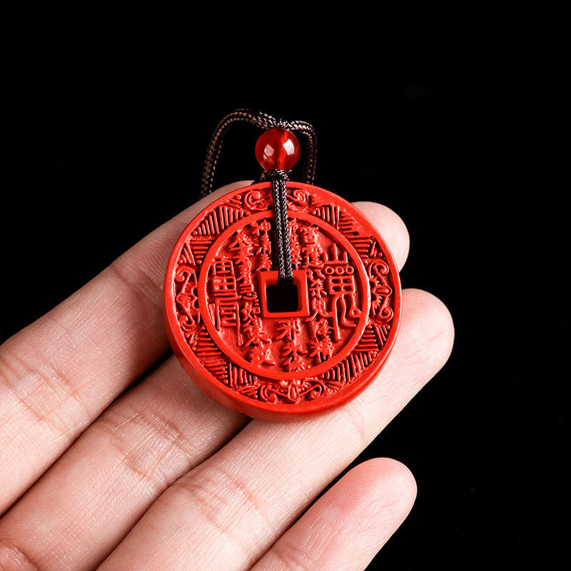 Wear FengShui Natural Cinnabar Mountain Ghosts Spend Money Bagua Design Blessing Necklace Pendant