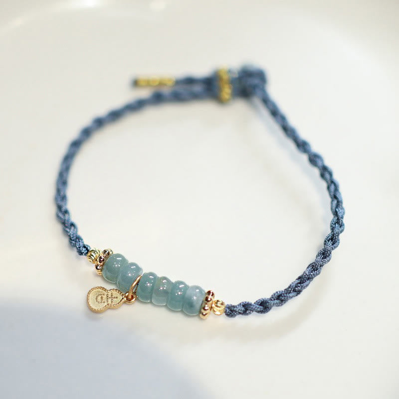 Wear FengShui 925 Sterling Silver Natural Jade Gourd Rutilated Quartz Fu Character Luck Braid Bracelet