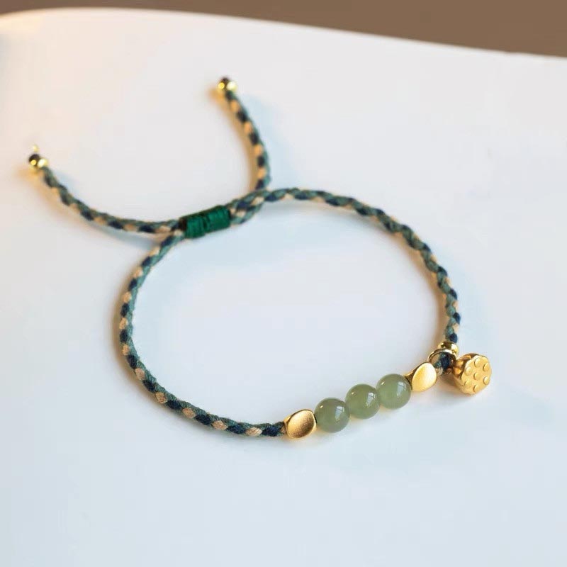 Wear FengShui Handcrafted Hetian Jade Lotus Charm Luck Braided Bracelet