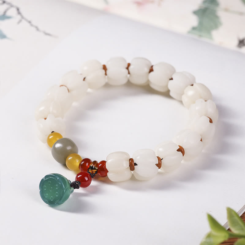 Wear FengShui Natural Bodhi Seed Red Agate Bodhi Calm Harmony Engraved Pumpkin Bead Lotus Bracelet
