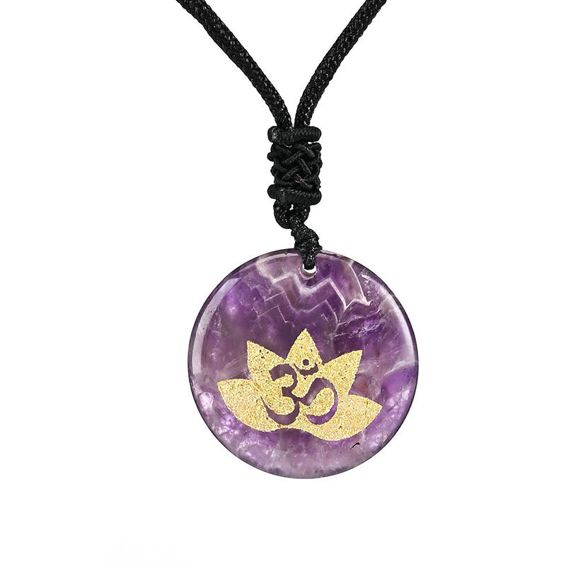 Wear FengShui OM Lotus Symbol Various Crystal Amethyst Tiger Eye Healing Necklace Pendant