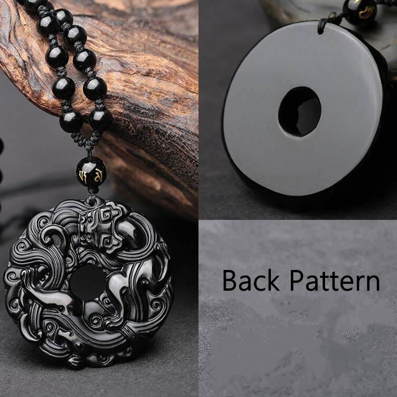Wear FengShui Natural Black Obsidian Peace Buckle Pixiu Purification Necklace Pendant