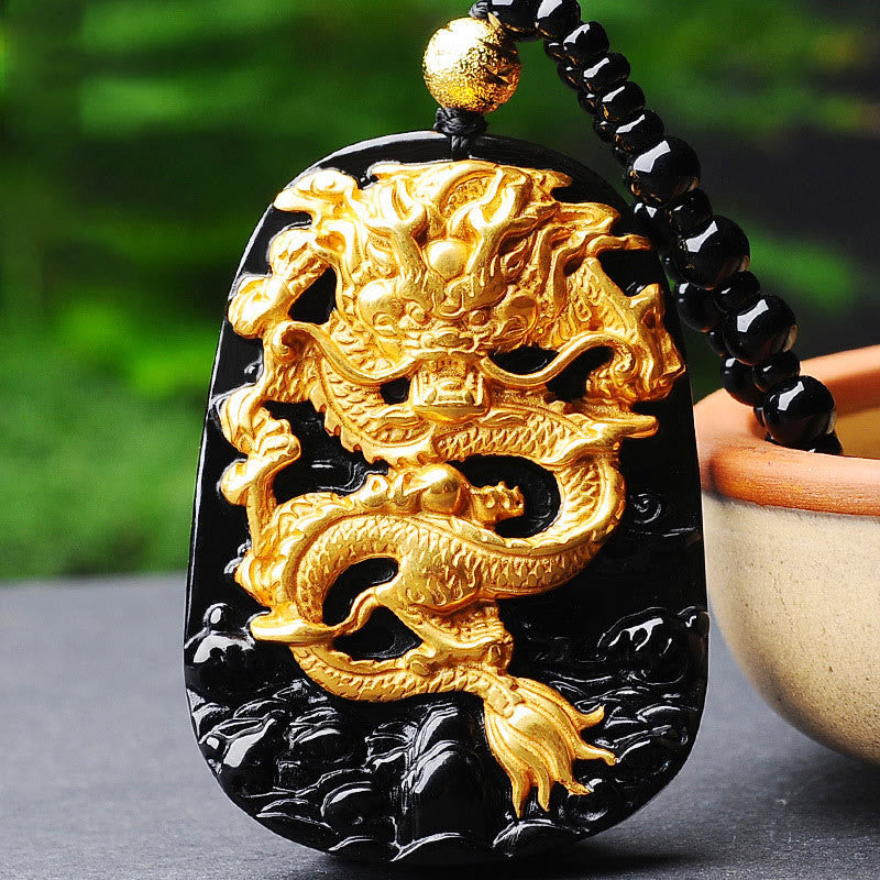 Wear FengShui 18k Gold-plated Dragon Obsidian Lucky Pendant Necklace
