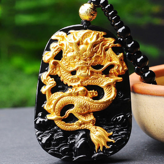 Wear FengShui 18k Gold-plated Dragon Obsidian Lucky Pendant Necklace