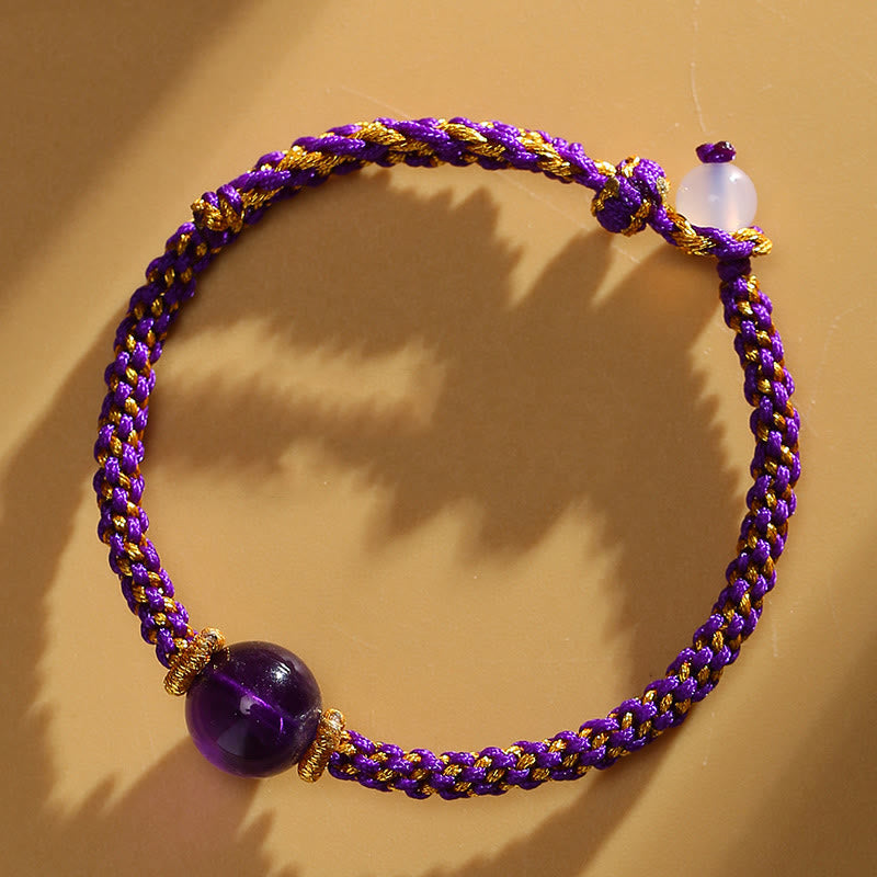 Wear FengShui Handmade Red Agate Amethyst Golden Rutilated Quartz Pink Crystal Bead Calm Braided Bracelet