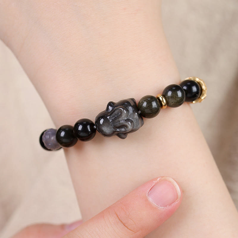 Wear FengShui Gold Sheen Obsidian Black Obsidian Silver Sheen Obsidian Cute Rabbit Protection Bracelet